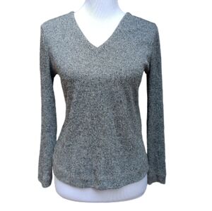 Gray Rib-Knit Metallic Top Sparkle V-Neck Christmas Holiday Party